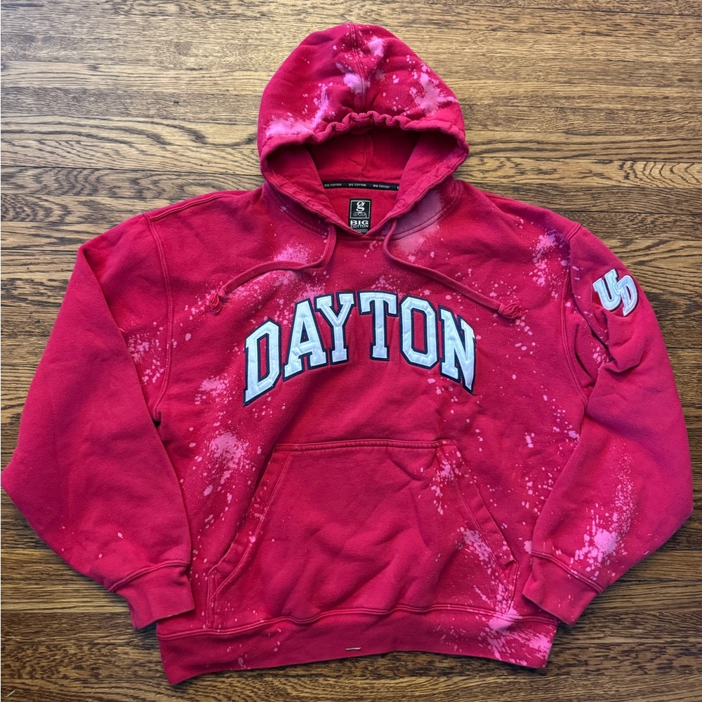 #612 DAYTON FLYERS (tie-dye ) style red Hoodie with White Accents.